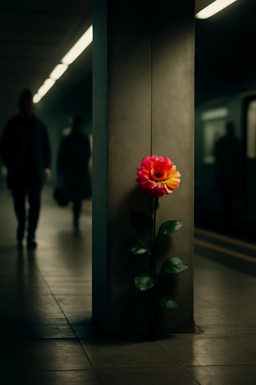 A realistic underground metro platform with a vivid flower installation, moody lighting, and cinematic depth. one impossible detail inside an otherwise believable everyday scene