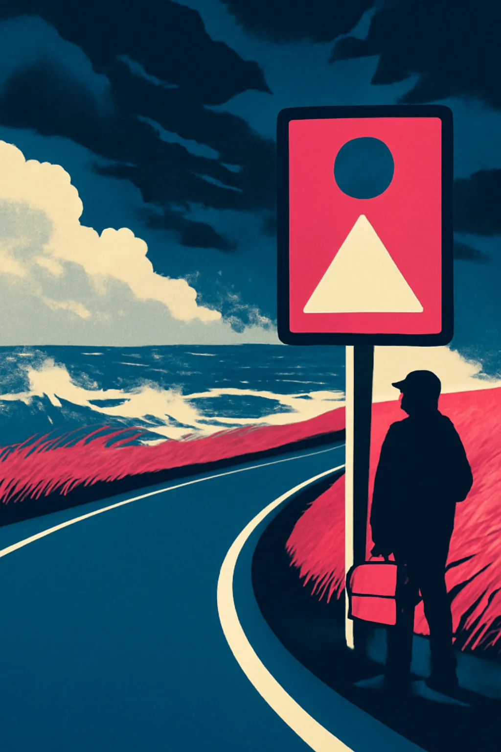 A realistic coastal road with sea spray, wind-shaped grass, dramatic sky, and a clean cinematic composition. bold blocks of color arranged as a readable feed-first scene