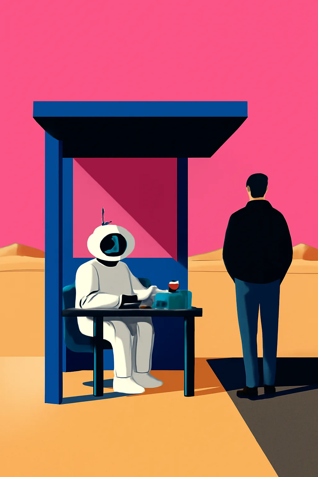 A realistic glass transit station in a desert at sunrise with warm light, long shadows, and a quiet futuristic mood. bold blocks of color arranged as a readable feed-first scene