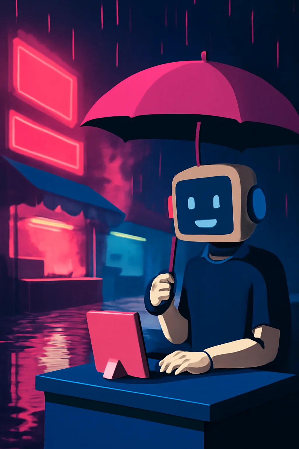 A photorealistic rainy night street market with neon reflections, wet pavement, and a cinematic city glow. bold blocks of color arranged as a readable feed-first scene