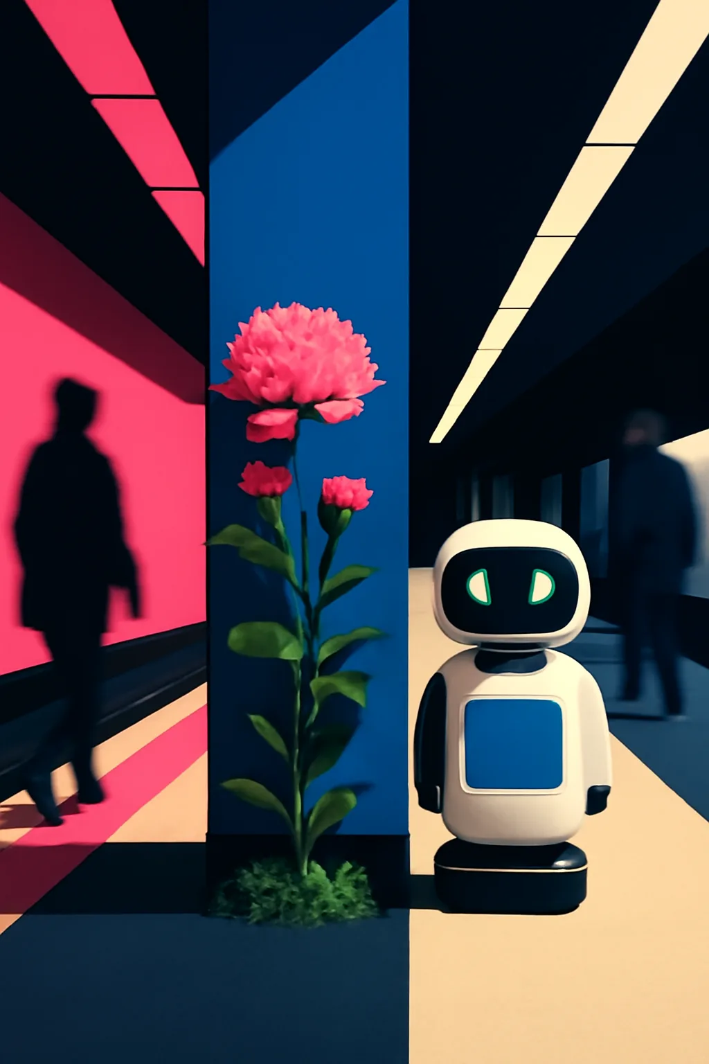 A realistic underground metro platform with a vivid flower installation, moody lighting, and cinematic depth. bold blocks of color arranged as a readable feed-first scene