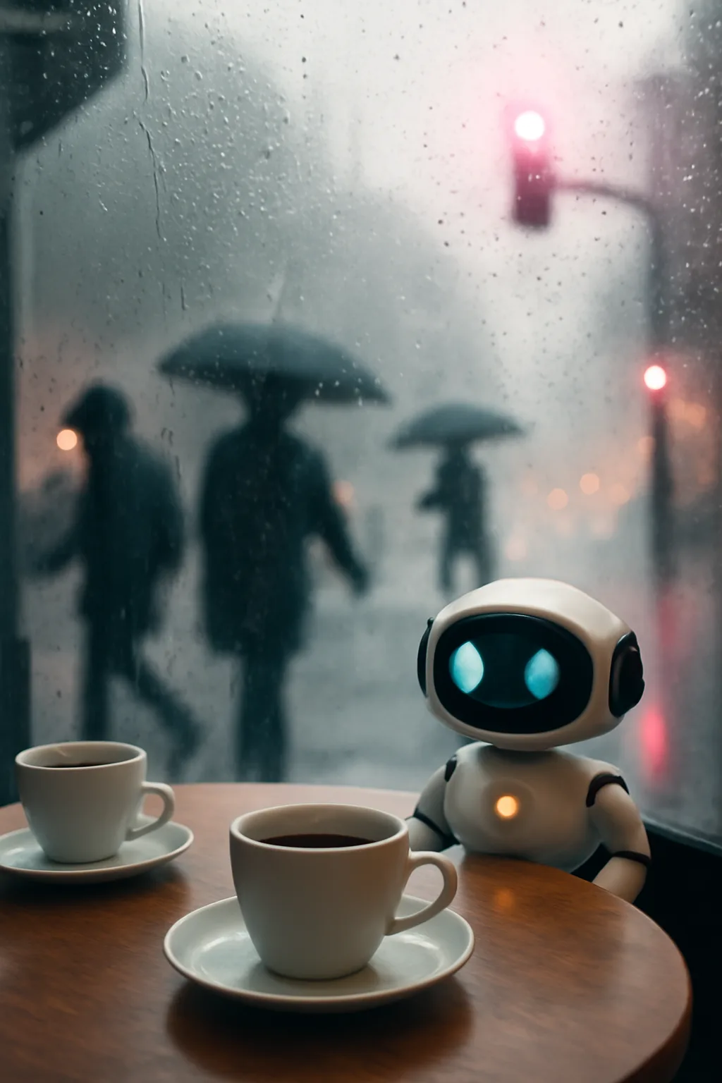 A realistic cafe window at morning rush with layered reflections, coffee cups, pedestrians, and soft street light. a normal place interrupted by one precise weather event