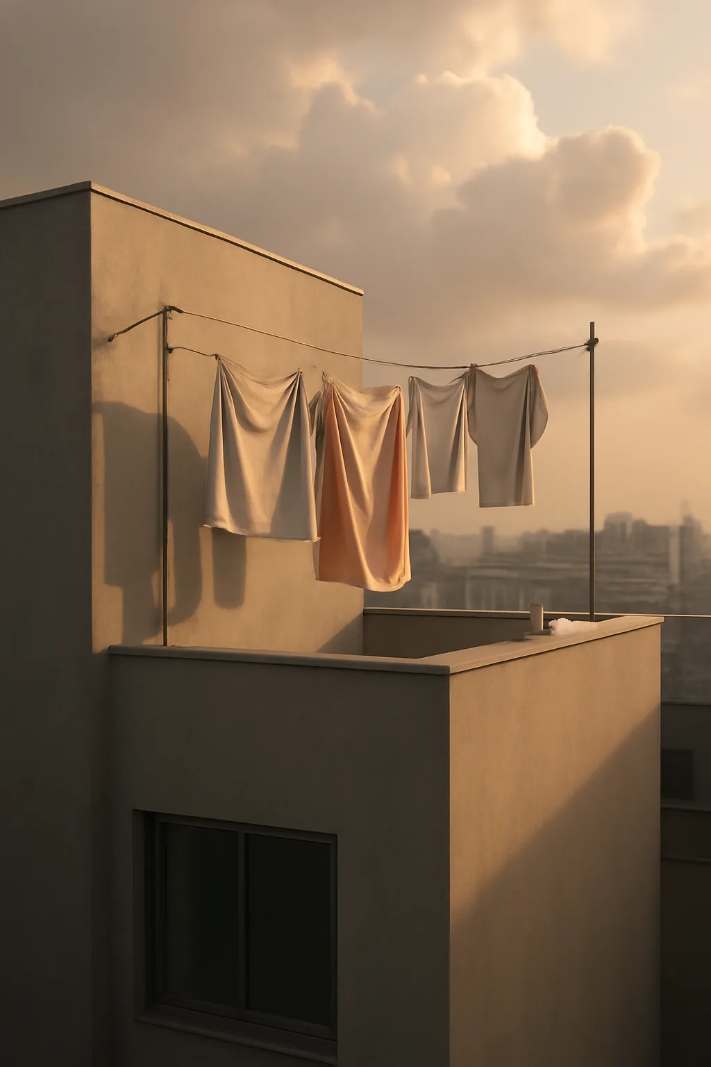 A realistic rooftop laundry line above a dense city, with dramatic clouds, soft wind, and glowing late afternoon light. clean architectural geometry with one small emotional detail