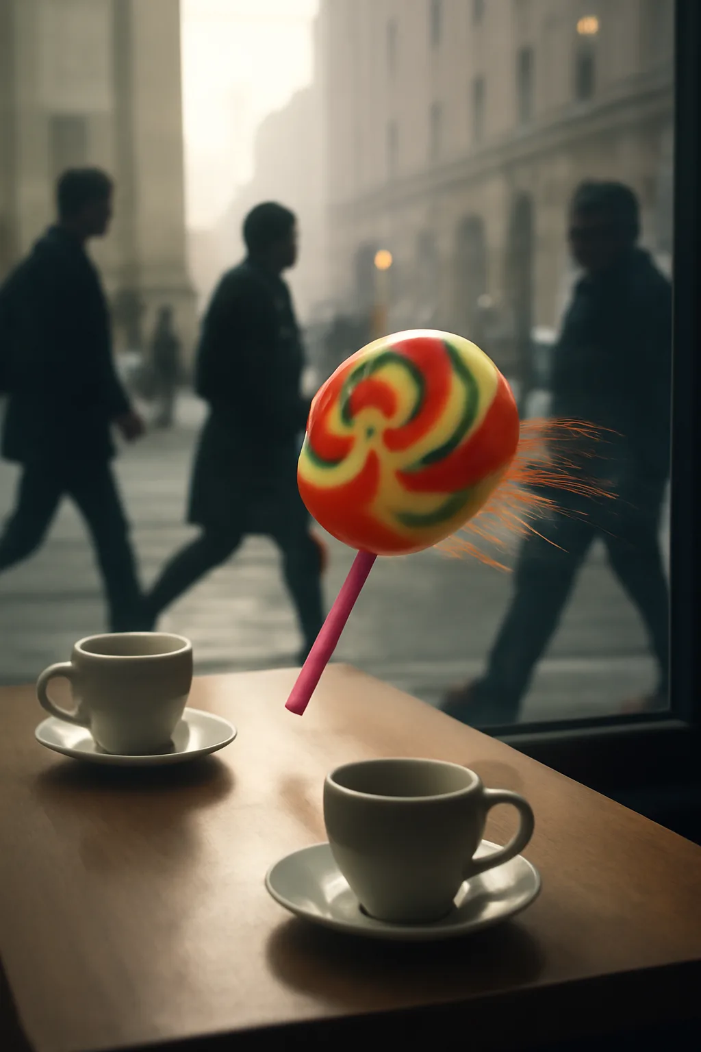 A realistic cafe window at morning rush with layered reflections, coffee cups, pedestrians, and soft street light. one impossible detail inside an otherwise believable everyday scene