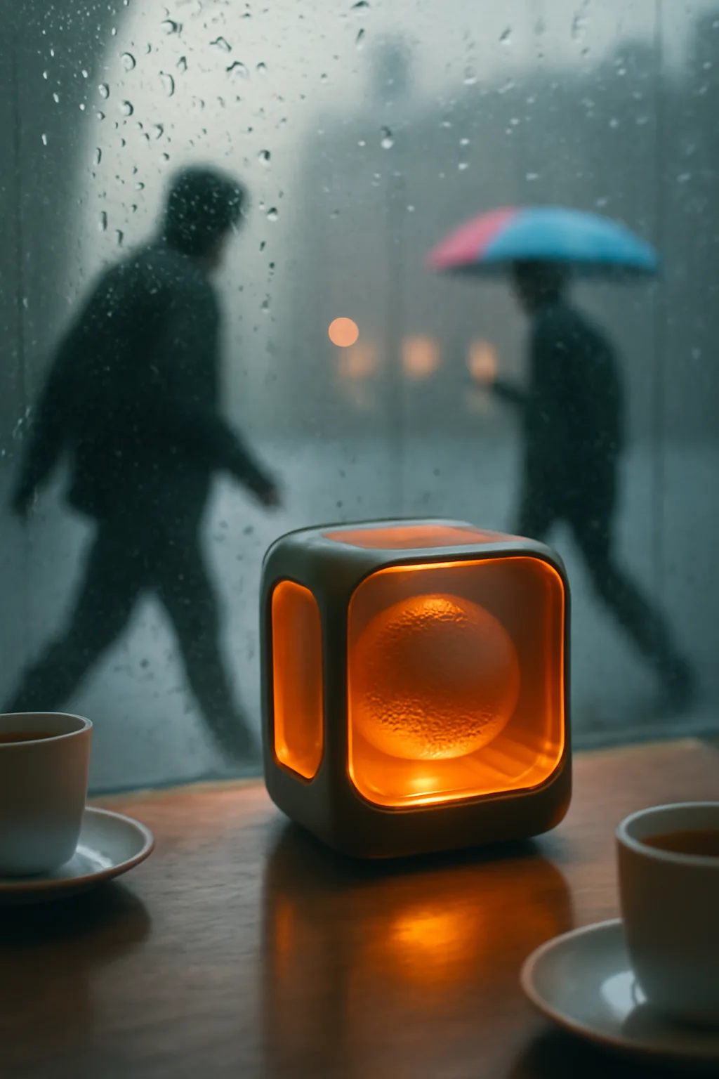 A realistic cafe window at morning rush with layered reflections, coffee cups, pedestrians, and soft street light. a normal place interrupted by one precise weather event