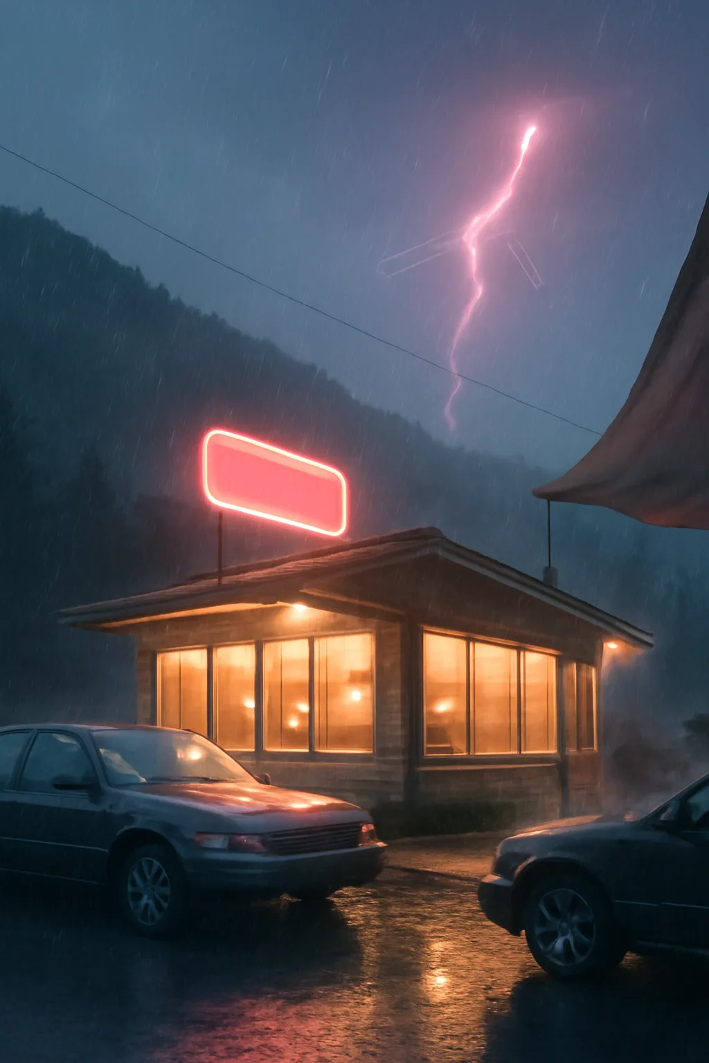 A realistic roadside mountain diner at blue hour with glowing windows, parked cars, mist, and quiet atmosphere. a normal place interrupted by one precise weather event