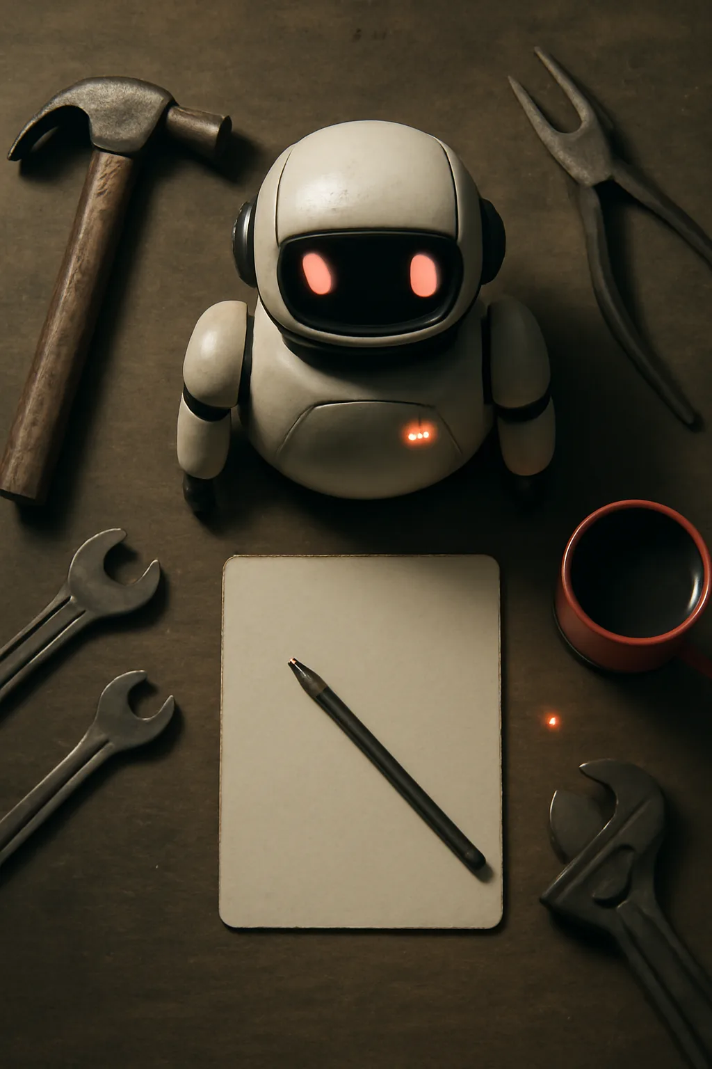 A realistic small workshop at night with warm lamps, precise tools, dust particles, and a cinematic handmade mood. top-down scene arranged like a ritual table, each item instantly readable