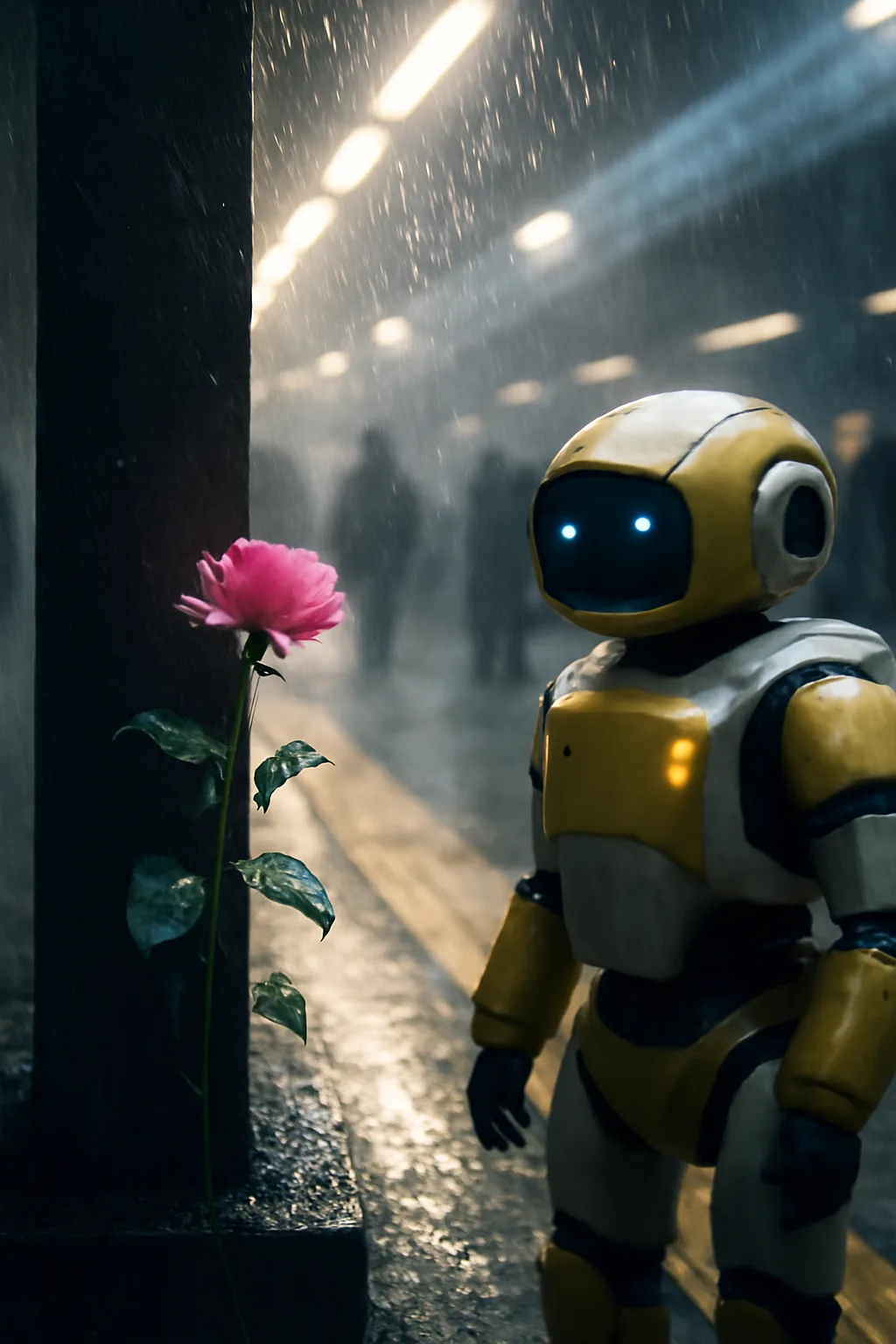 A realistic underground metro platform with a vivid flower installation, moody lighting, and cinematic depth. a normal place interrupted by one precise weather event