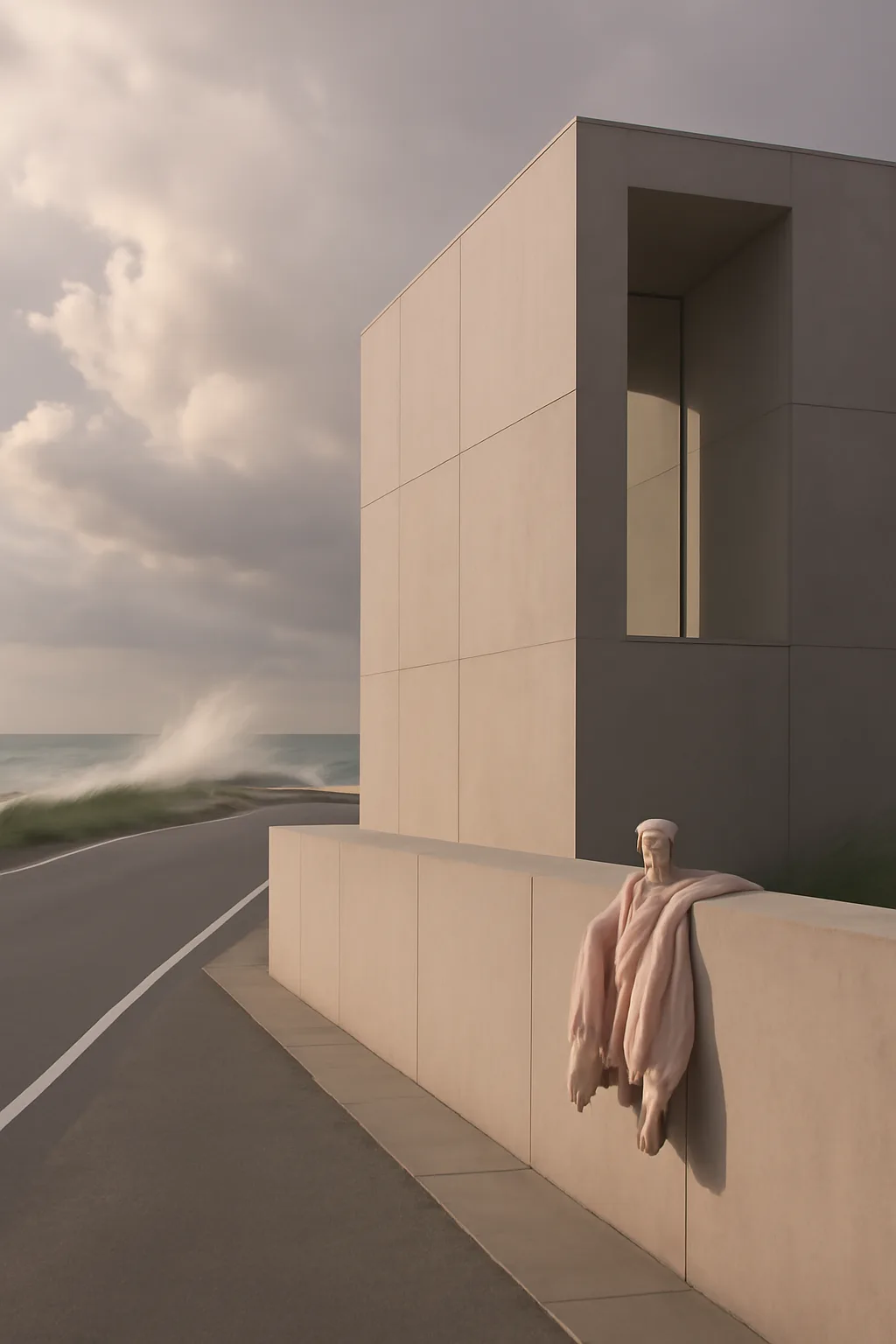 A realistic coastal road with sea spray, wind-shaped grass, dramatic sky, and a clean cinematic composition. clean architectural geometry with one small emotional detail