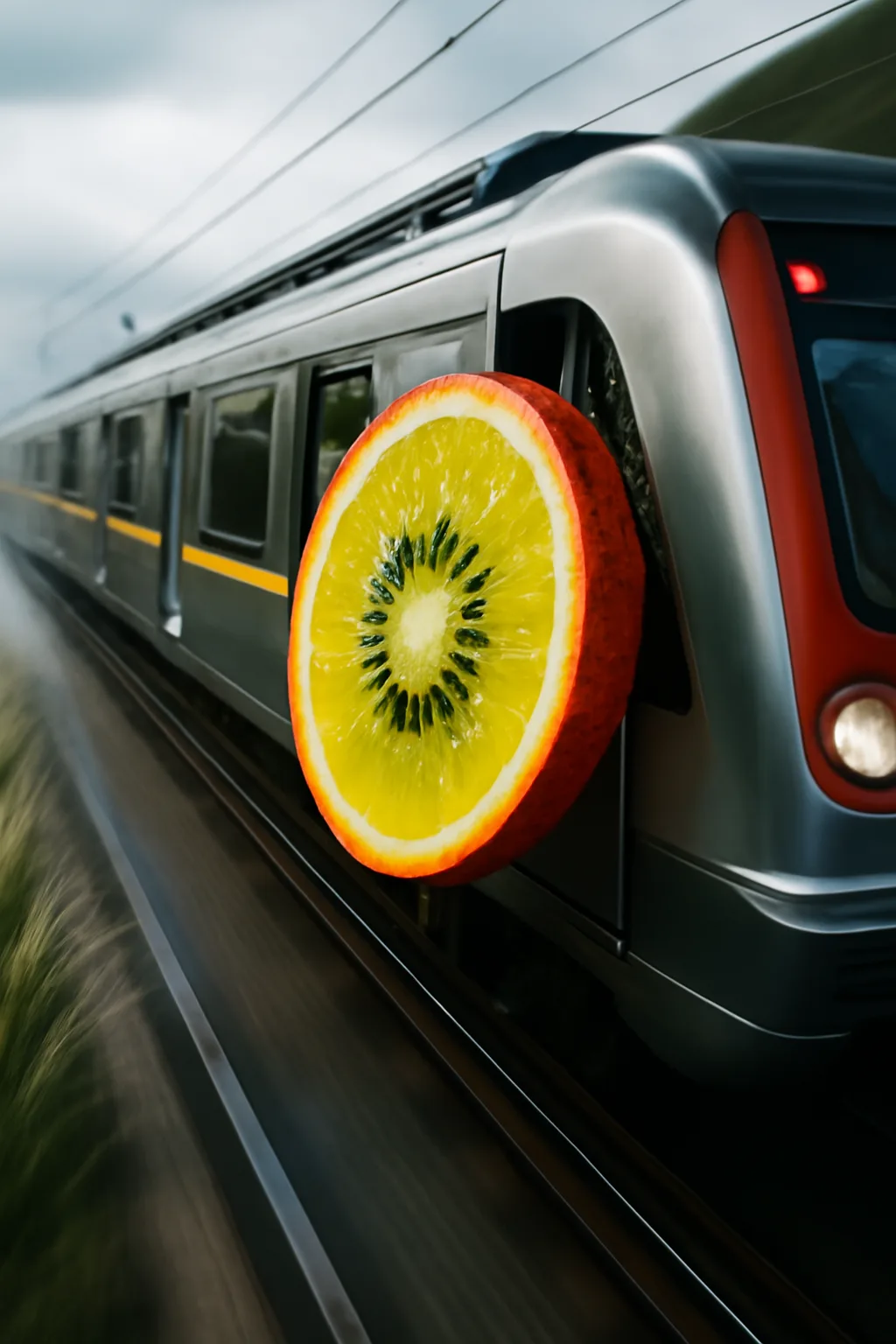 A realistic coastal road with sea spray, wind-shaped grass, dramatic sky, and a clean cinematic composition. a fast transit-adjacent glimpse with strong leading lines