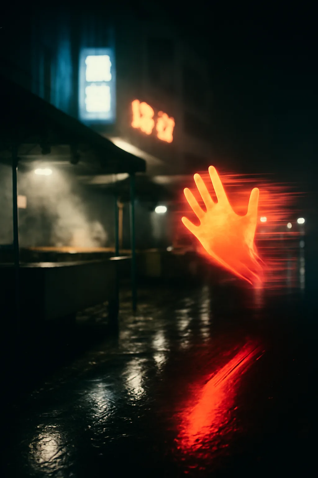 A photorealistic rainy night street market with neon reflections, wet pavement, and a cinematic city glow. one impossible detail inside an otherwise believable everyday scene
