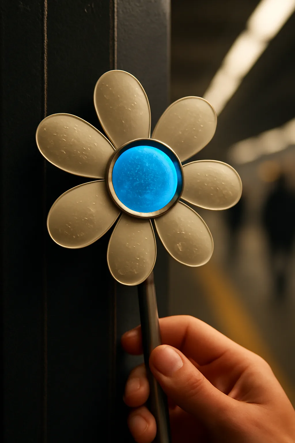 A realistic underground metro platform with a vivid flower installation, moody lighting, and cinematic depth. one memorable object dominates the frame with a clear silhouette and generous negative space