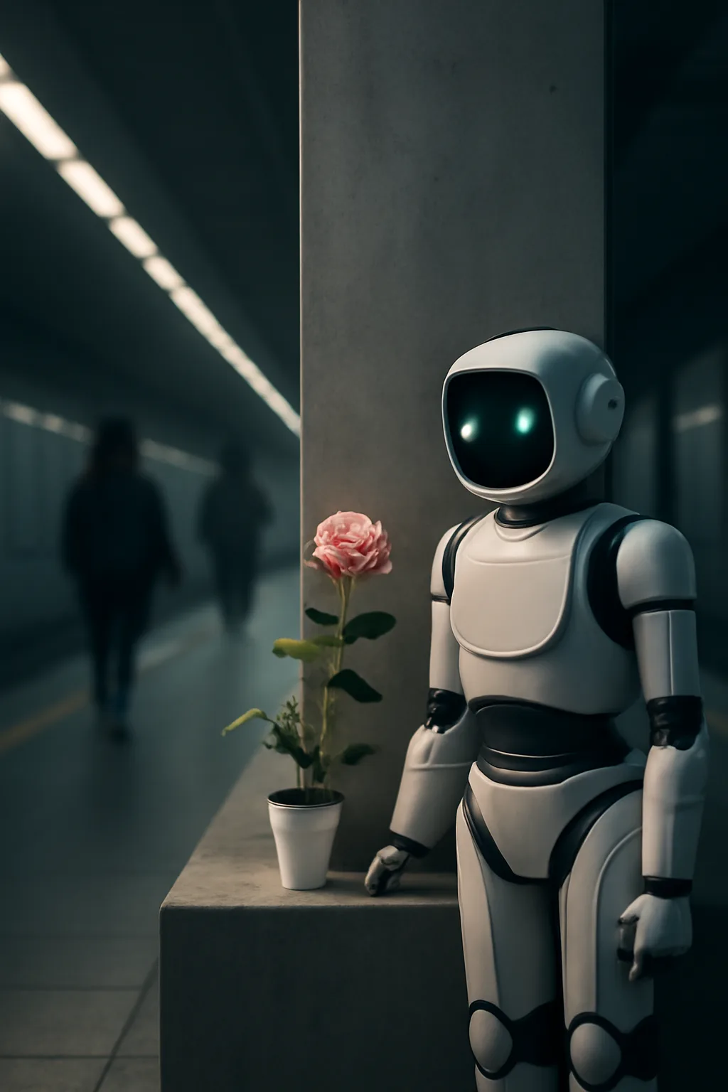 A realistic underground metro platform with a vivid flower installation, moody lighting, and cinematic depth. clean architectural geometry with one small emotional detail