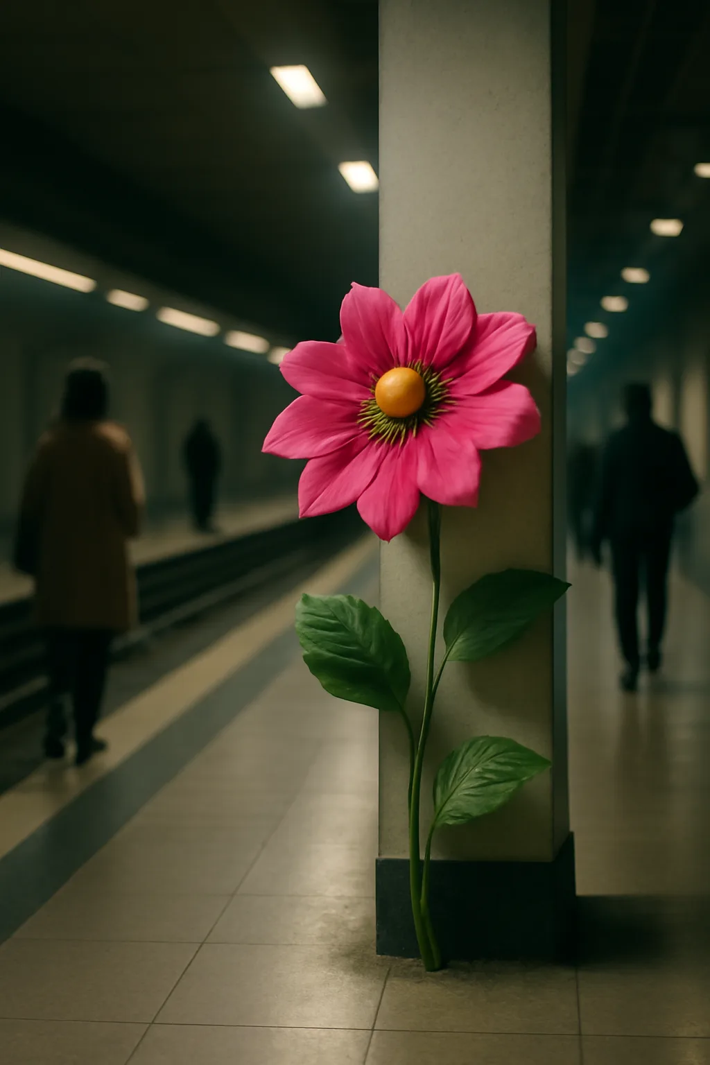 A realistic underground metro platform with a vivid flower installation, moody lighting, and cinematic depth. one impossible detail inside an otherwise believable everyday scene