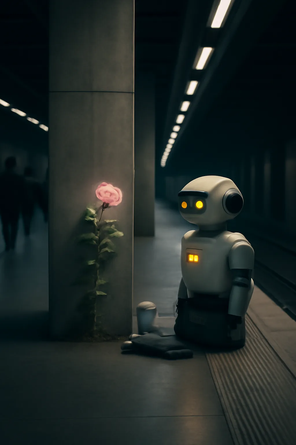 A realistic underground metro platform with a vivid flower installation, moody lighting, and cinematic depth. clean architectural geometry with one small emotional detail