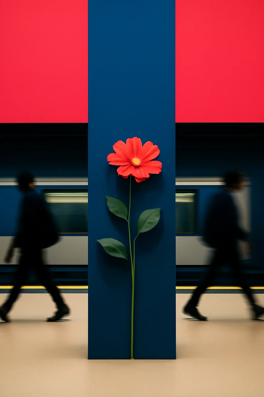 A realistic underground metro platform with a vivid flower installation, moody lighting, and cinematic depth. bold blocks of color arranged as a readable feed-first scene