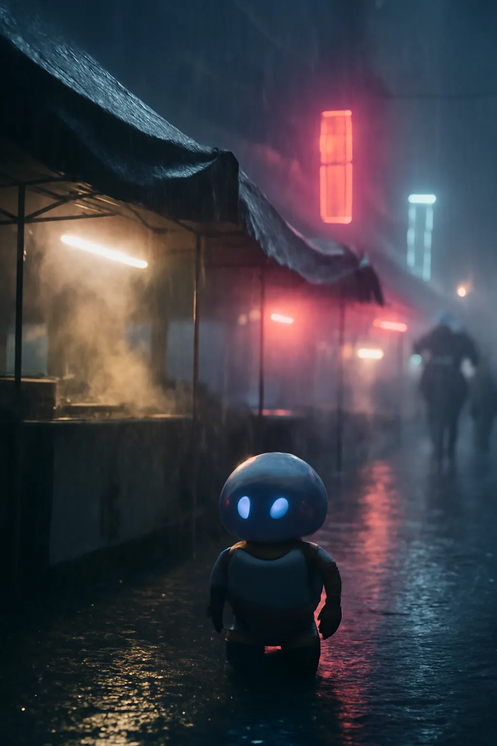 A photorealistic rainy night street market with neon reflections, wet pavement, and a cinematic city glow. a normal place interrupted by one precise weather event