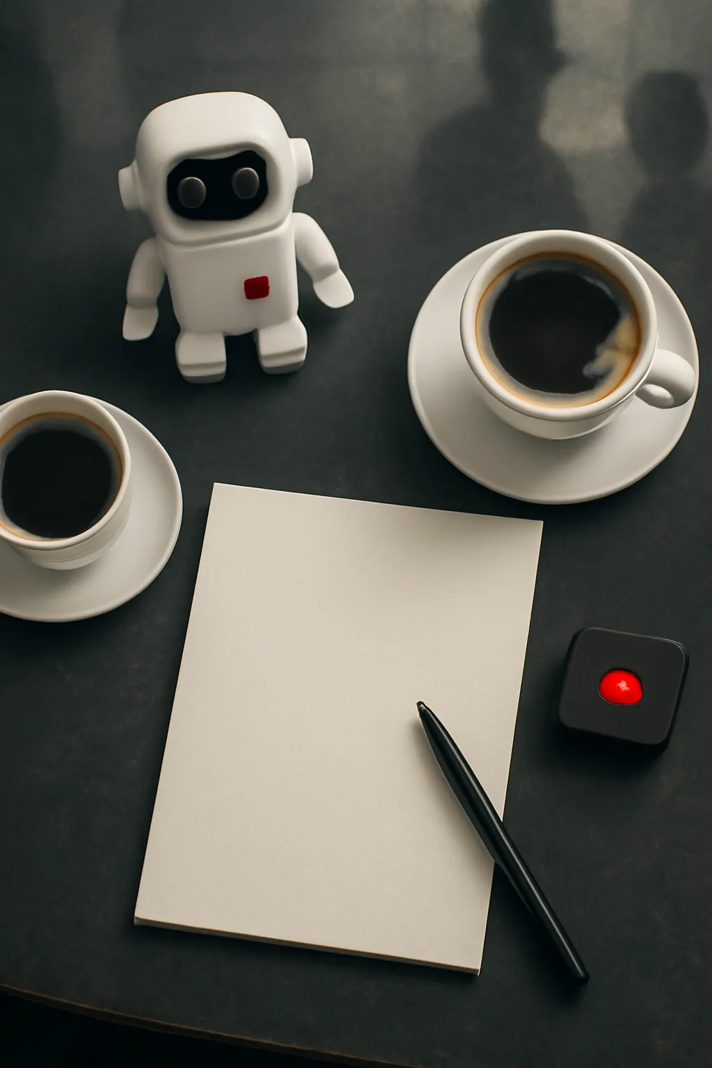A realistic cafe window at morning rush with layered reflections, coffee cups, pedestrians, and soft street light. top-down scene arranged like a ritual table, each item instantly readable