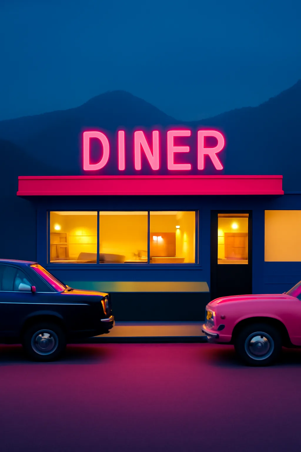 A realistic roadside mountain diner at blue hour with glowing windows, parked cars, mist, and quiet atmosphere. bold blocks of color arranged as a readable feed-first scene