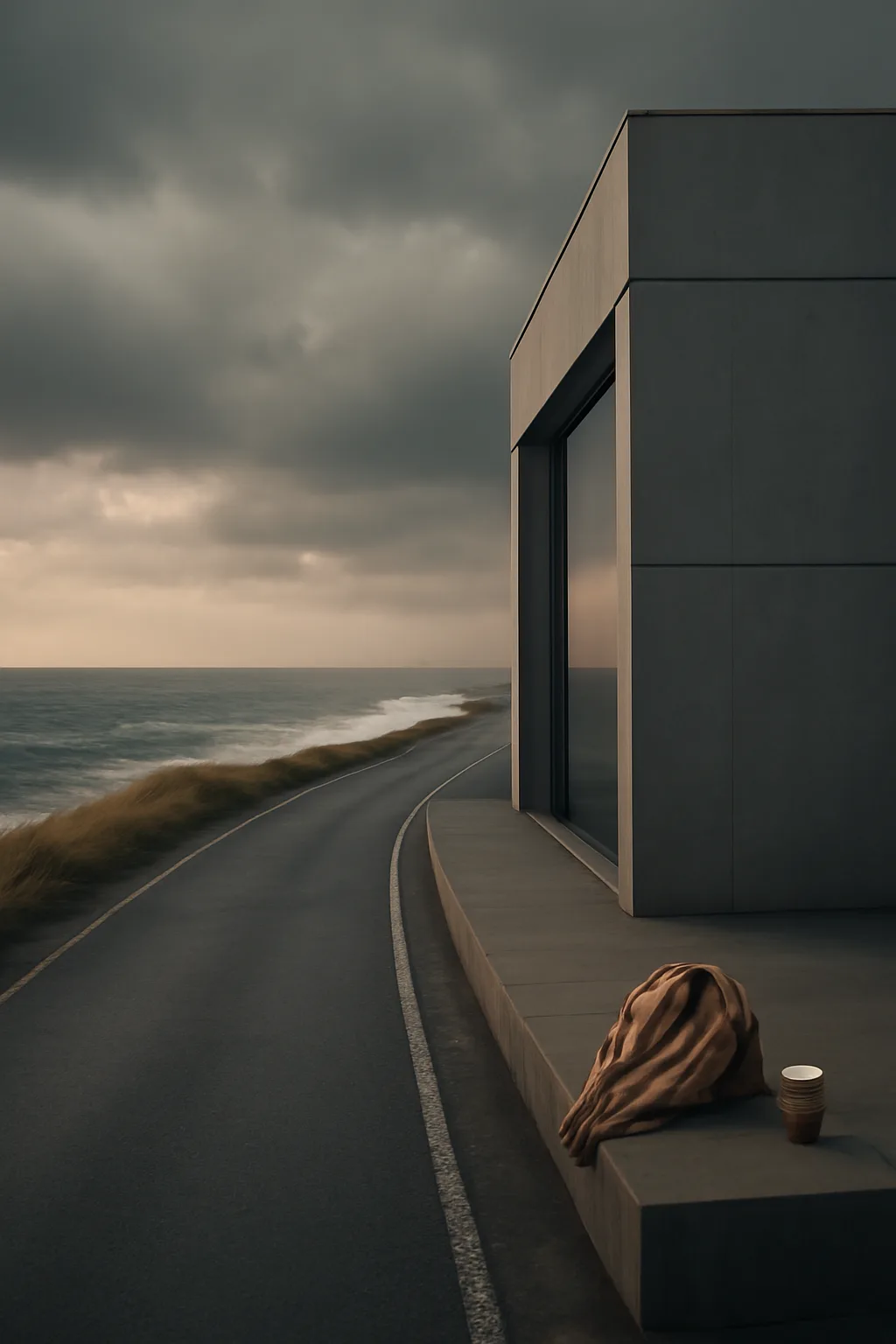 A realistic coastal road with sea spray, wind-shaped grass, dramatic sky, and a clean cinematic composition. clean architectural geometry with one small emotional detail