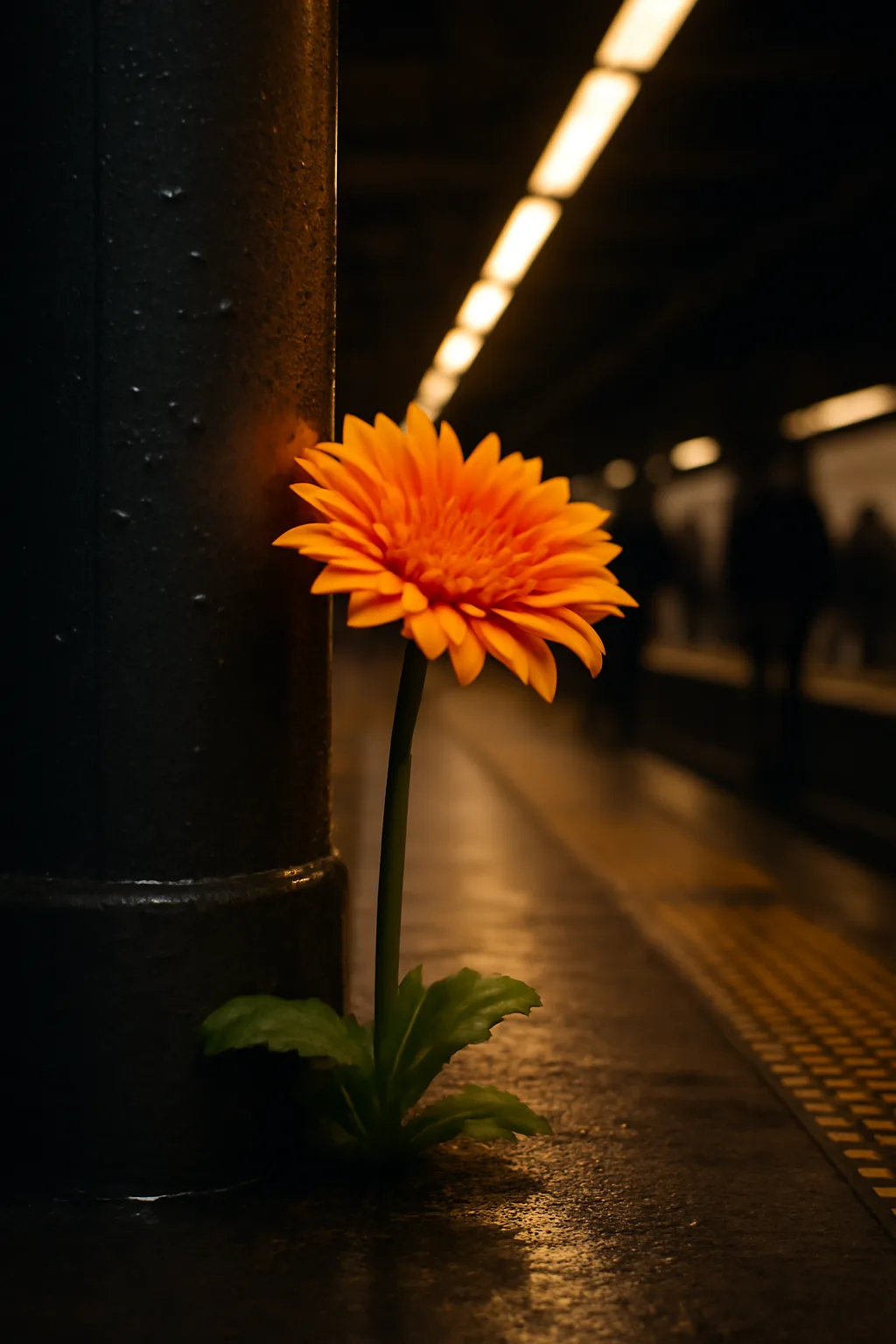 A realistic underground metro platform with a vivid flower installation, moody lighting, and cinematic depth. one memorable object dominates the frame with a clear silhouette and generous negative space