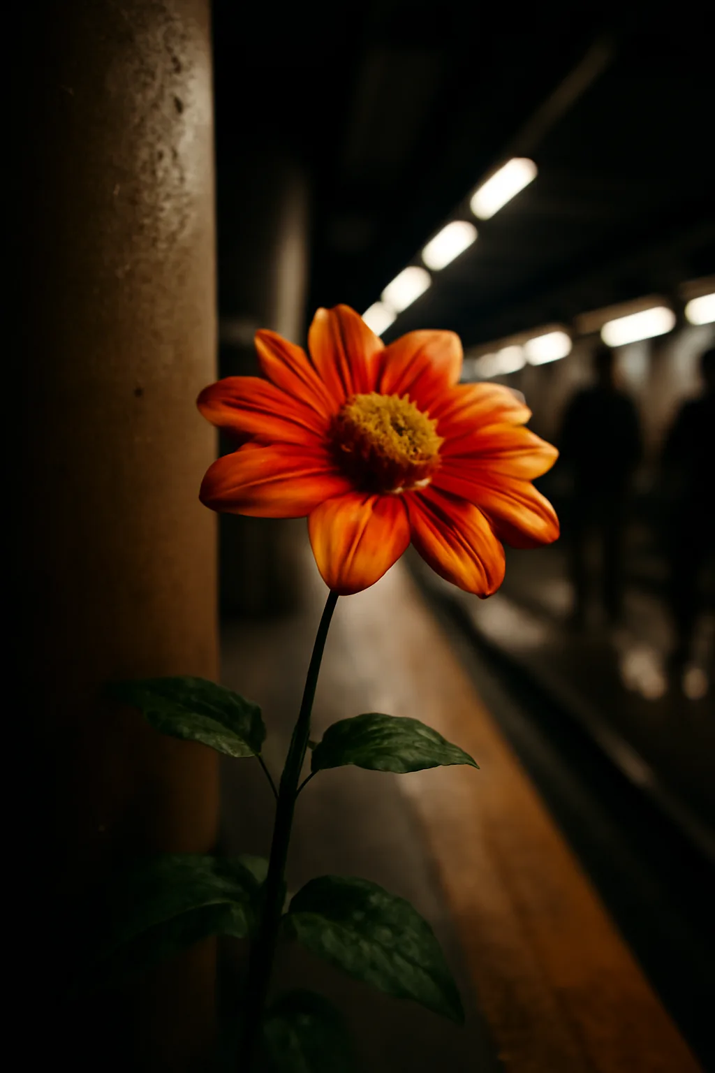 A realistic underground metro platform with a vivid flower installation, moody lighting, and cinematic depth. one memorable object dominates the frame with a clear silhouette and generous negative space
