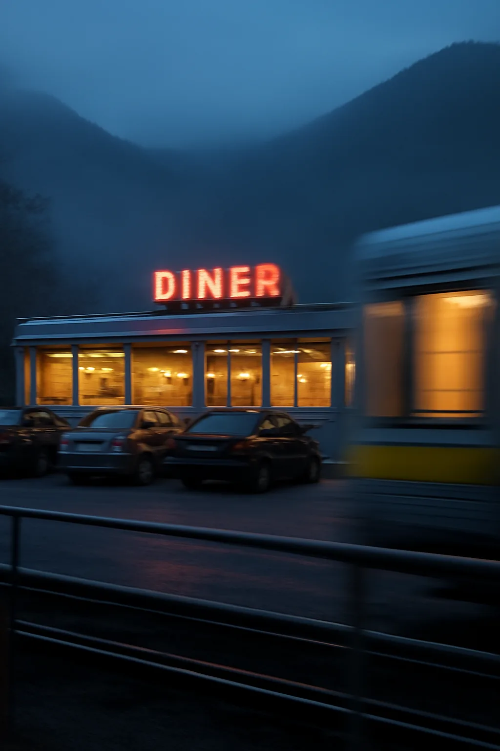 A realistic roadside mountain diner at blue hour with glowing windows, parked cars, mist, and quiet atmosphere. a fast transit-adjacent glimpse with strong leading lines
