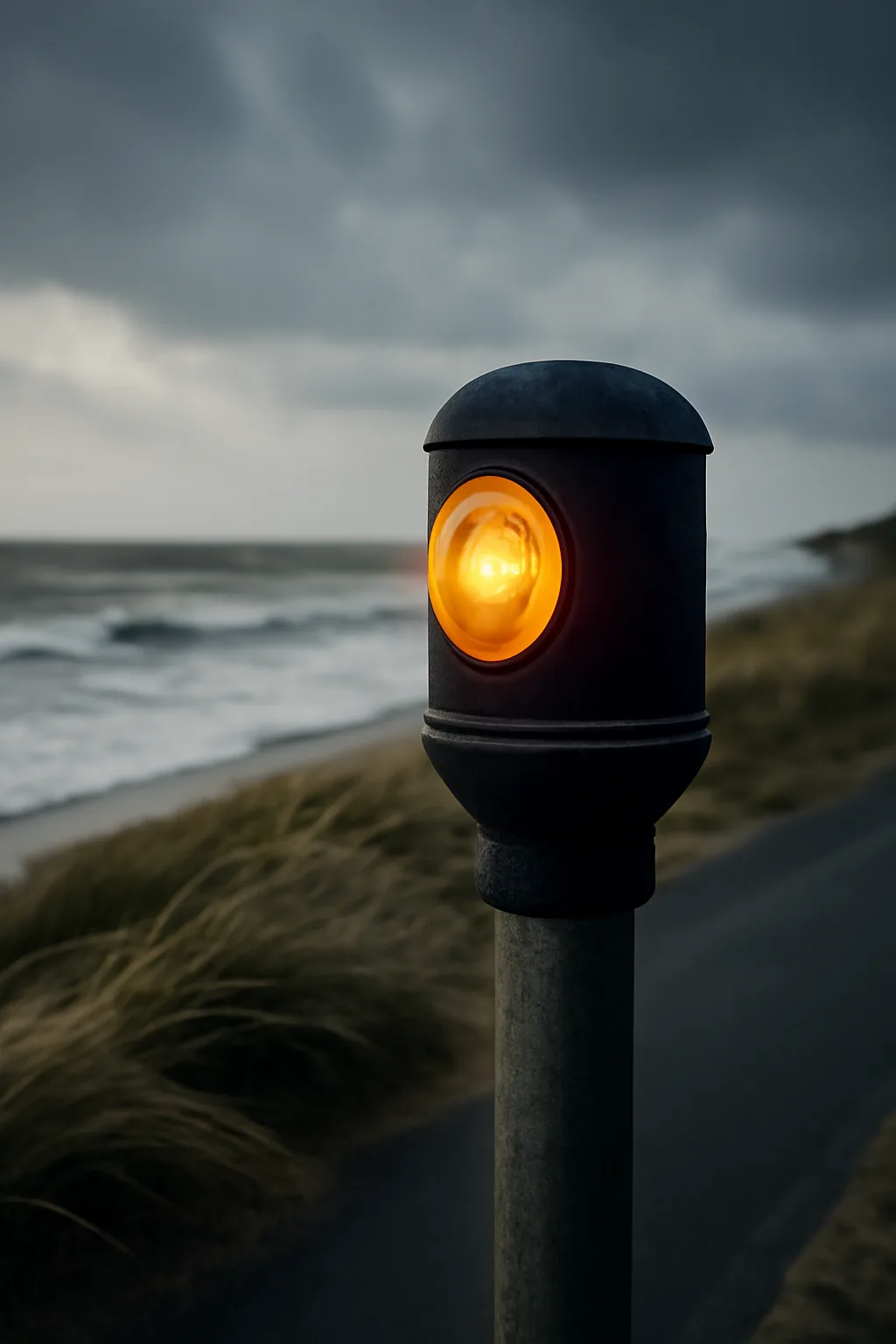 A realistic coastal road with sea spray, wind-shaped grass, dramatic sky, and a clean cinematic composition. one memorable object dominates the frame with a clear silhouette and generous negative space